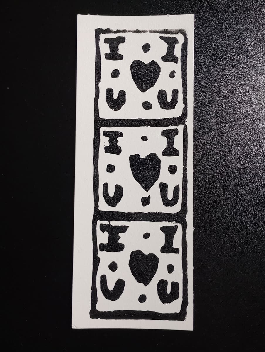 I Love You Bookmark in black ink — hand-carved linocut bookmark
