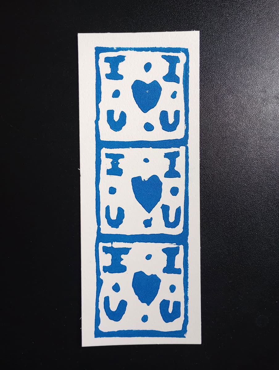 I Love You Bookmark in blue ink — hand-carved linocut bookmark
