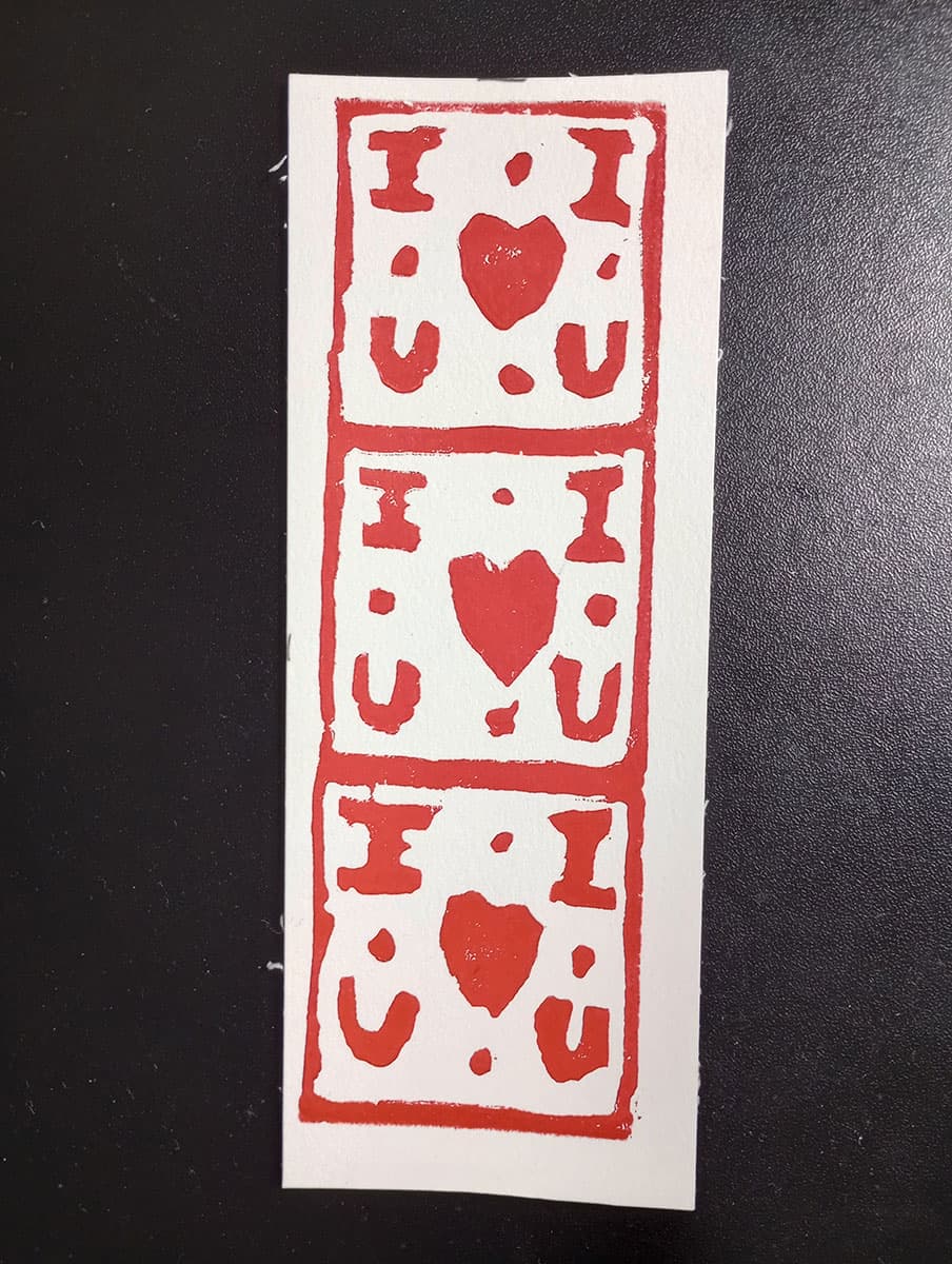I Love You Bookmark in red ink — hand-carved linocut bookmark