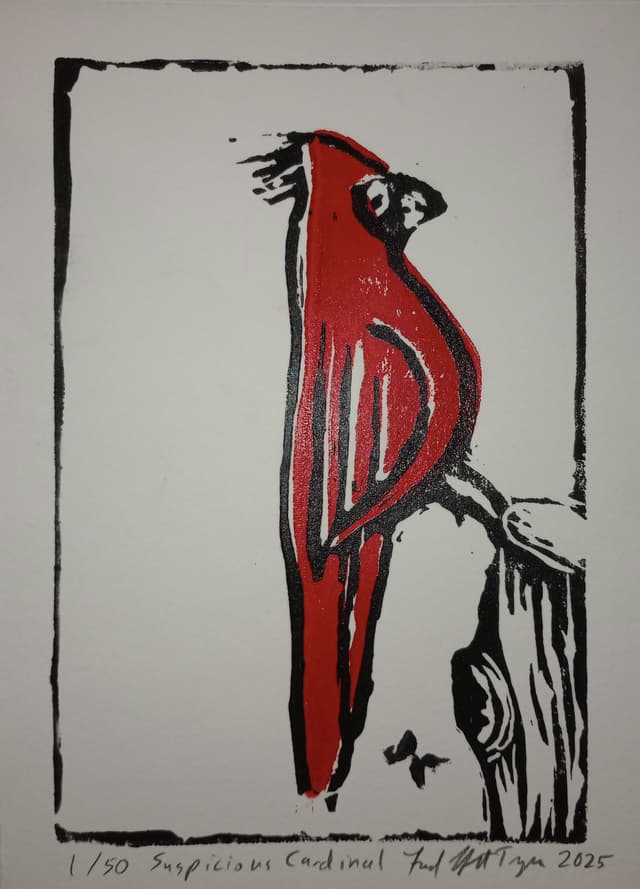 Suspicious Cardinal — hand-carved linocut print