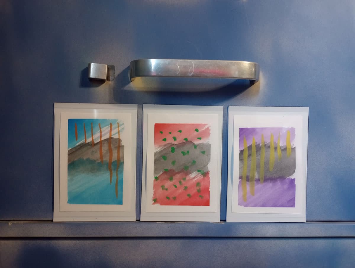 Triptych - Complementary Colors Abstract — original ACEO watercolor paintings