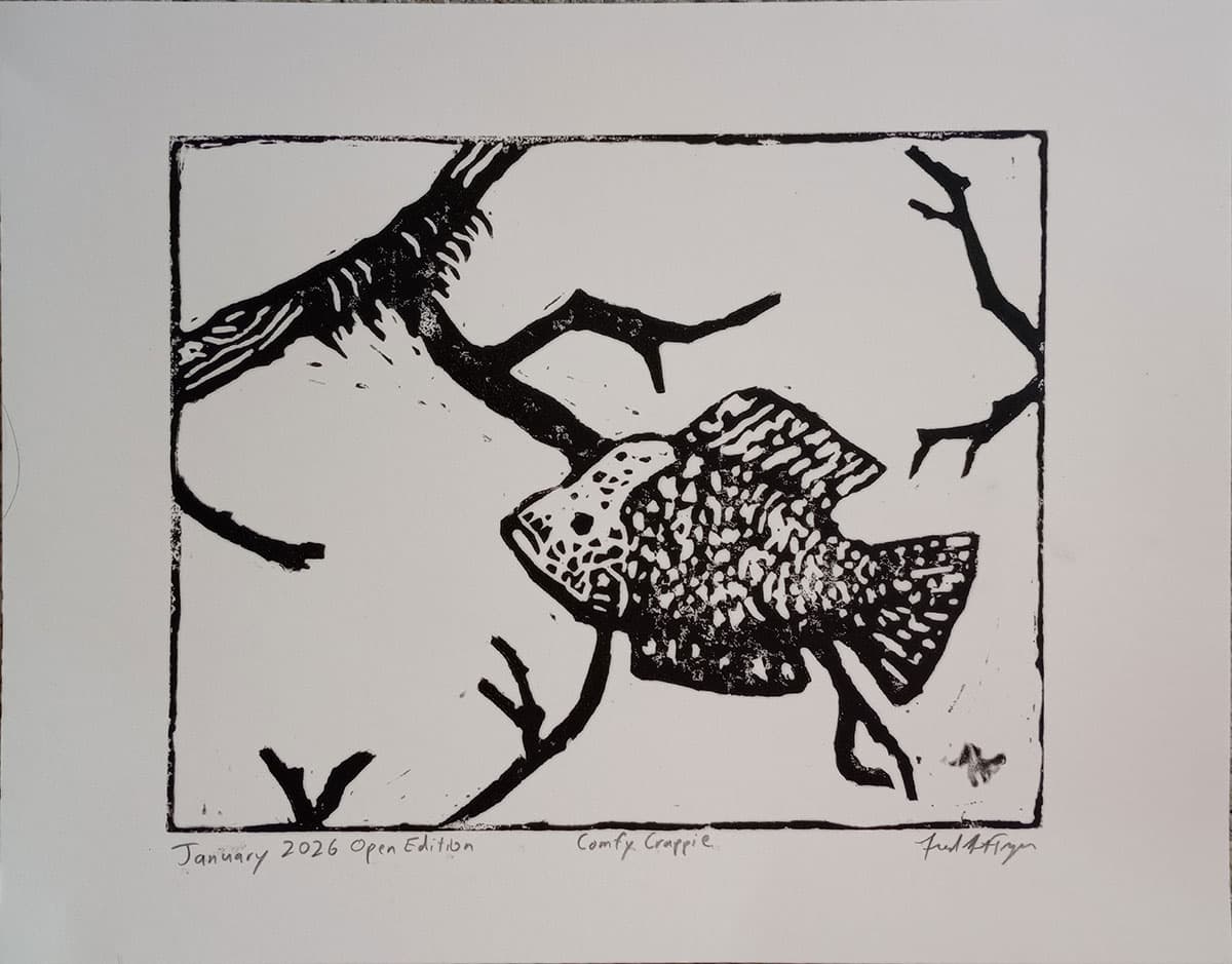 Comfy Crappie — hand-carved linocut print of a crappie fish